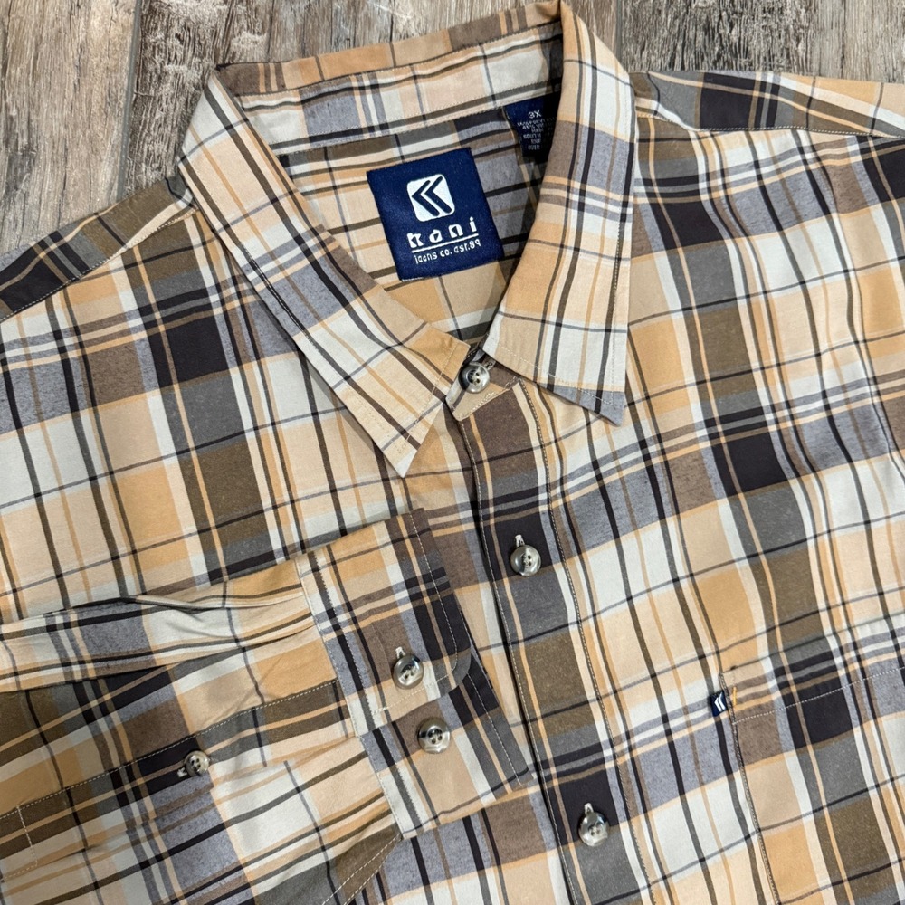 Kani Button Down Shirt Mens 3X Tan Plaid Long Sleeve Viscose Blend Streetwear